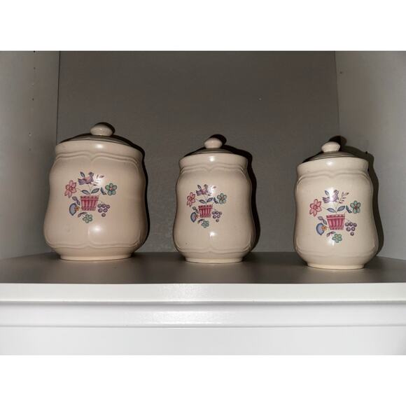 International China Stoneware Canister Set | 3-Piece Floral Bird Kitchen Decor - Picture 1 of 11